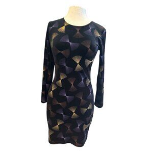 Maxima USA Long Sleeve Geometric Print Bodycon Dress Black Purple Gold Womens 17